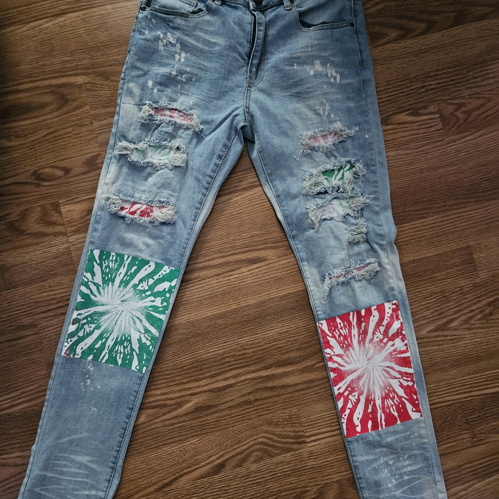 WAIMEA Jeans Mens 30x32  Blue Denim Skinny Fit Distressed Patches Grunge Retro